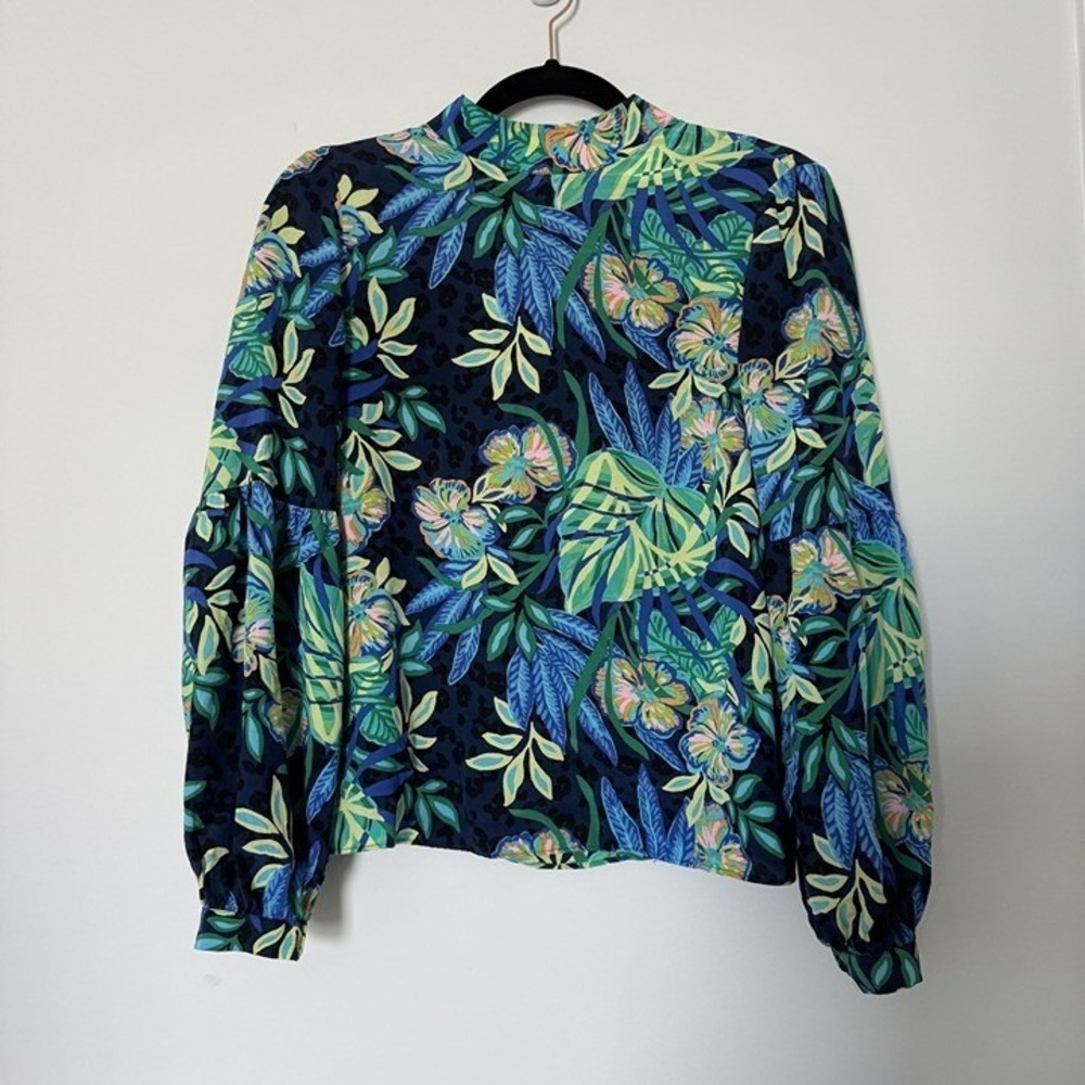 Lilly Pulitzer Silk Tropical Leopard Print Tie Back Puff Sleeve Blouse Navy XS